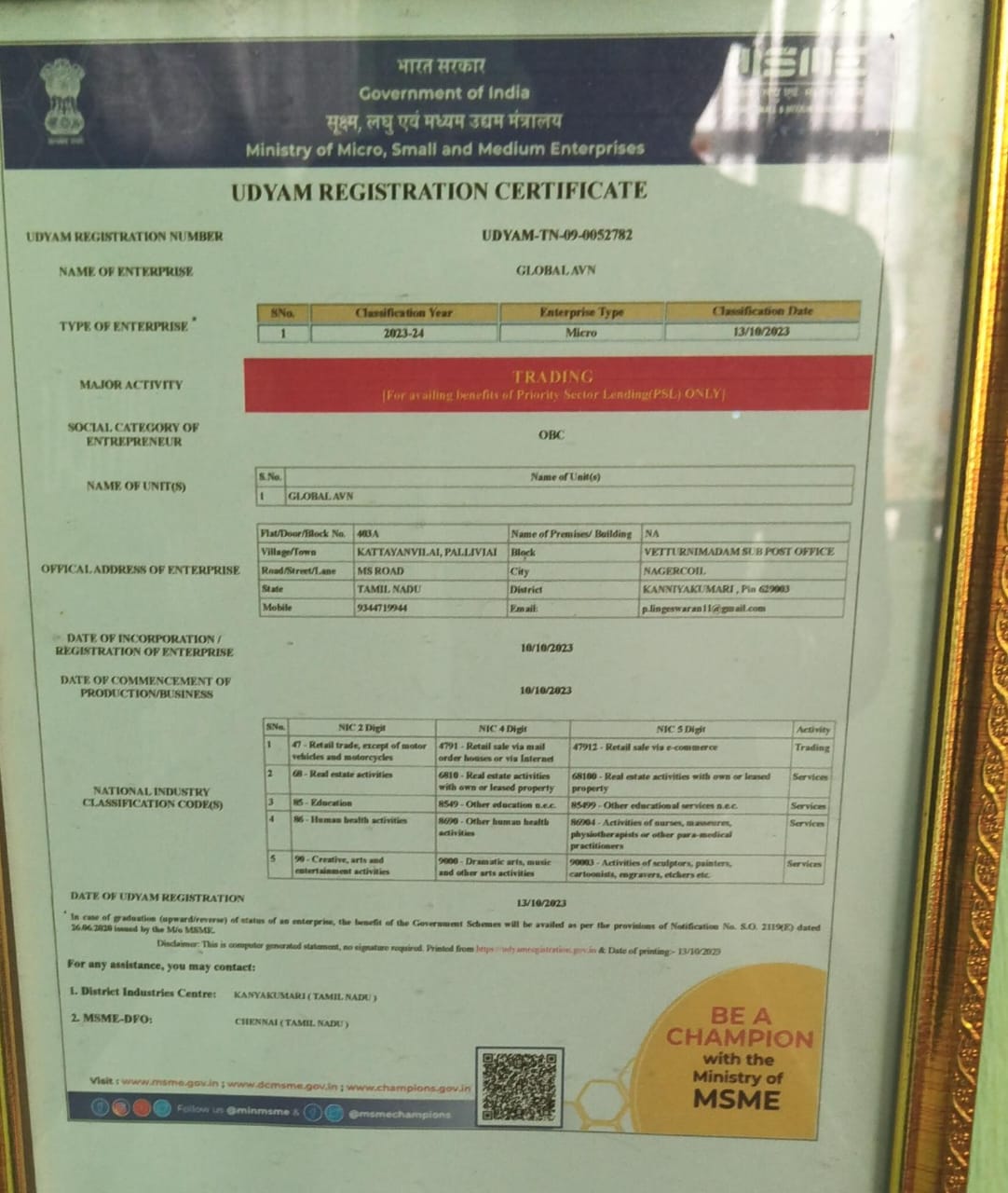 Global AVN Udyam MSME Registration Certificate